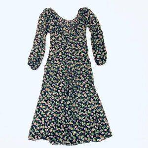 Cottagecore floral midi dress Womens Small feminine black pink green scoop neck